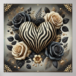 Elegant Zebra Print Heart & Roses Poster