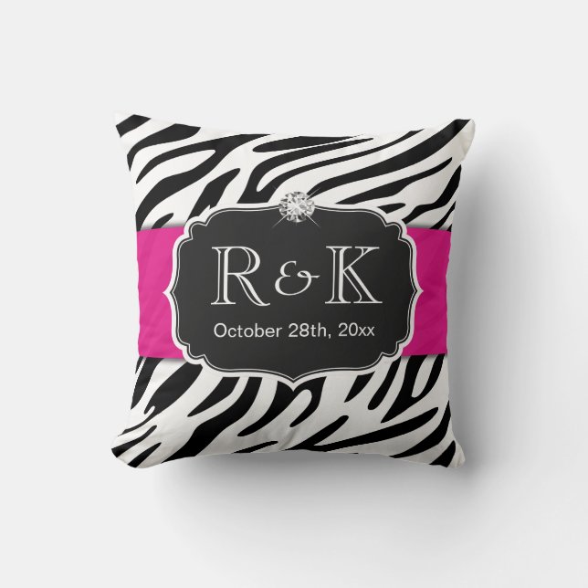 Elegant Zebra Print Hot Pink Wedding Initials Date Cushion (Front)