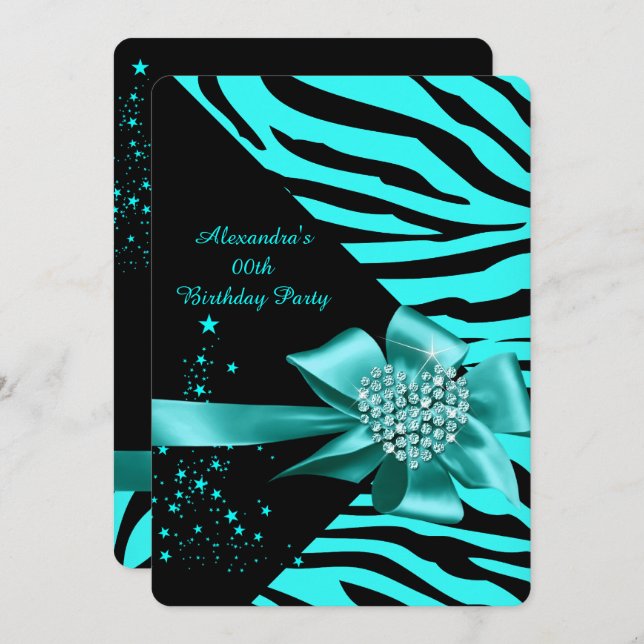 Elegant Zebra Teal Silver Heart Jewel Birthday Invitation (Front/Back)
