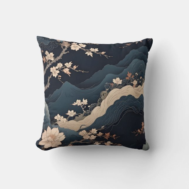 Elegant Zen Cherry Blossom and Mountain Throw Pill Cushion (Front)