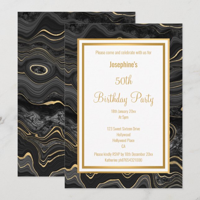 ELEGANTBLACK GOLD MARBLE BIRTHDAY INVITATION (Front/Back)