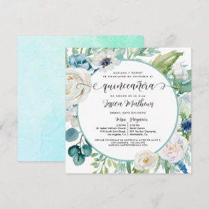 Elegante Aqua Turquesa Quinceañera Floral Invitation