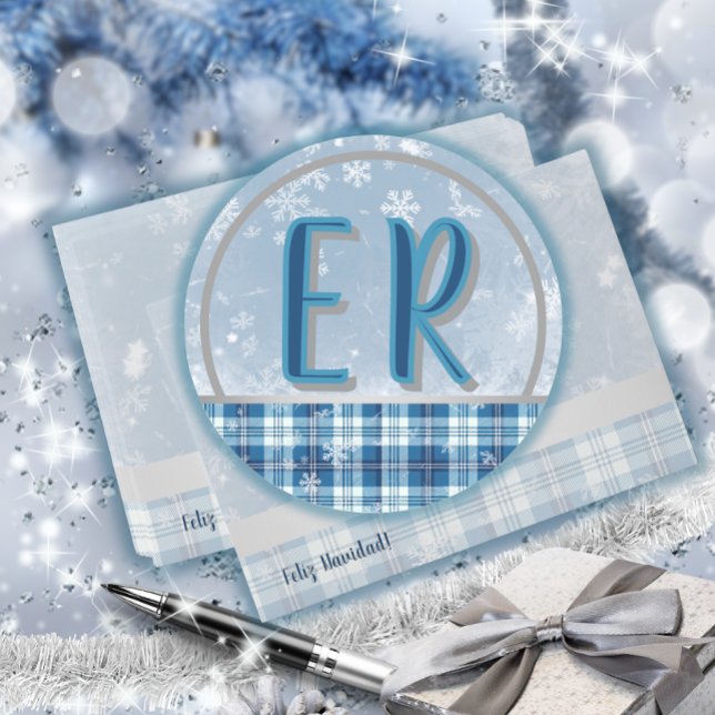 Elegante Azul Etiqueta Monograma Navideña Classic Round Sticker (Creator Uploaded)