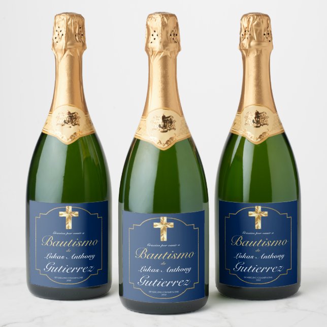Elegante Bautismo de Niños Con Cruz Dorada Azul   Sparkling Wine Label (Bottles)