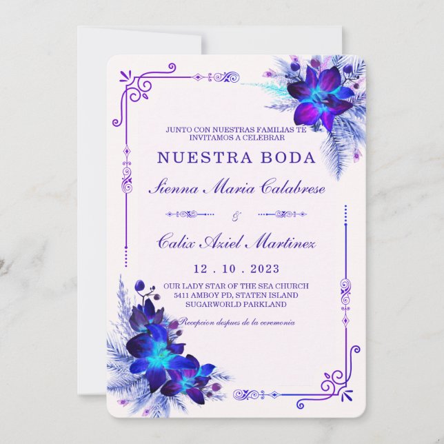 Elegante boda con orquídeas azules y moradas invitation (Front)