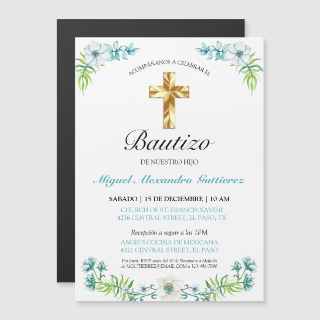 Elegante Cruz y Flores Para Niño Bautizo Magnetic Invitation (Front/Back)