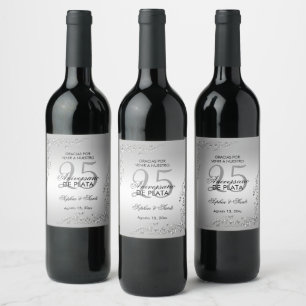 Elegante Decoración Plateada 25 Aniversario Wine Label