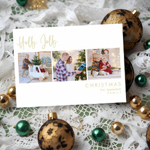 Elegante Efecto Oro Holly Jolly 3 Fotos Navidades Holiday Card