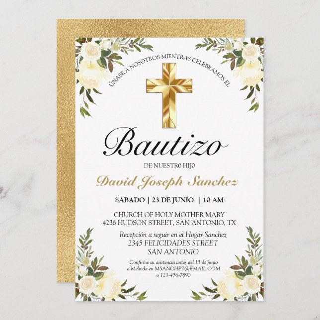 Elegante Floral Bautizo Amarillo Bebé Invitation (Front/Back)