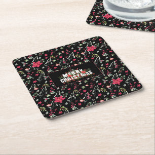 Elegante Green Gold Leaves And Red Holly Berries Square Paper Coaster