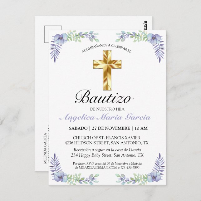 Elegante Lavanda Cruz De Oro Bautizo Bebé Invitati Postcard (Front/Back)