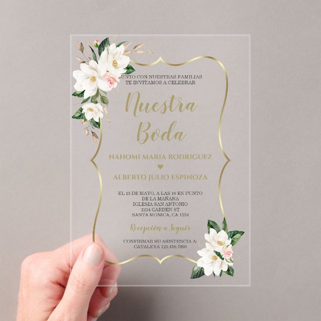 Elegante Magnolia Gold Spanish Nuestra Boda  Acrylic Invitations (Insitu (Handheld))