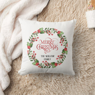 Elegante Modern Wreath and Script Merry Christmas Cushion
