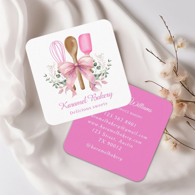 Elegante panadería con utensilios de arco rosado square business card (Creator Uploaded)