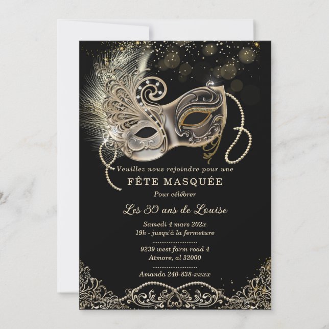 Elégante Pour Soirée Masquée Anniversaire Invitation (Front)