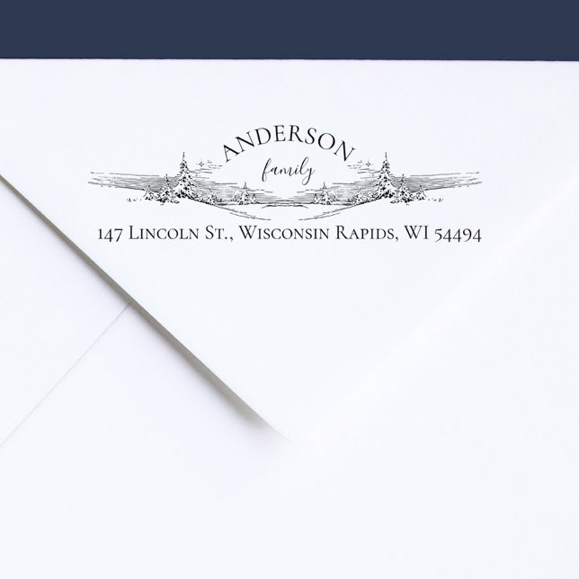 Elegante Rústico De Pinos De Nieve Dirección De Re Self-inking Stamp (Winter Snowy Landscape with Pine Trees Elegant Family Return Address Stamp)