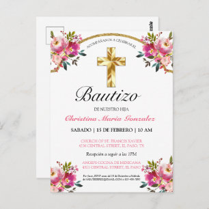 Elegante Tinta Floral Bautizo Cruz De Oro Postcard