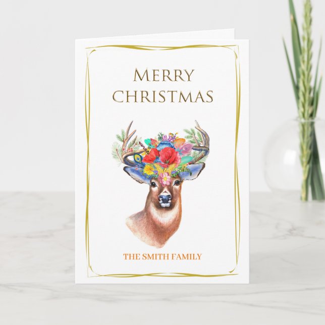 Elegantly beautiful reindeer with flowers and gold holiday card (Front)