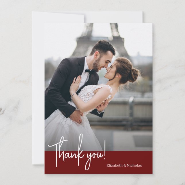Elegantly Chic Deep Ruby Red Wedding Thank You Card (Front)