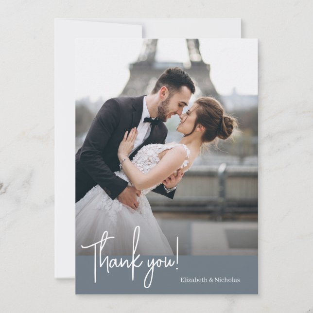 Elegantly Chic Dusty Blue Wedding Thank You Card (Front)