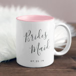 Elegantly Penned | Bridesmaid Two-Tone Coffee Mug<br><div class="desc">A sweet and elegant gift for your bridesmaids,  two-tone mug in pink and white features "bridesmaid" in hand lettered script typography. Personalise with your wedding date beneath.</div>