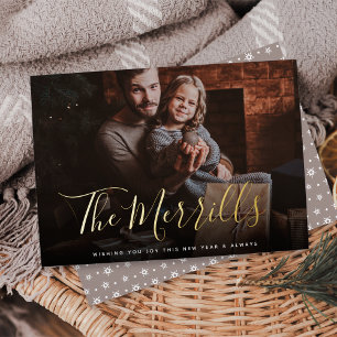 Elegantly Penned Happy New Year Photo Foil Holiday Card