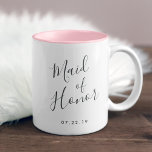 Elegantly Penned | Maid of Honour Two-Tone Coffee Mug<br><div class="desc">A sweet and elegant gift for your maid of honour,  two-tone mug in pink and white features "maid of honour" in hand lettered script typography. Personalise with your wedding date beneath.</div>