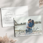 Elegantly Penned | Photo Save the Date Announcement Postcard<br><div class="desc">A modern save the date postcard designed to accommodate your favourite horizontal or landscape orientated full-bleed engagement photo. "Save the date" appears near the bottom of your photo in dark-off black handwritten style script lettering, with your names, wedding date and wedding location beneath. Perfect for lighter coloured photos. Reverse side...</div>