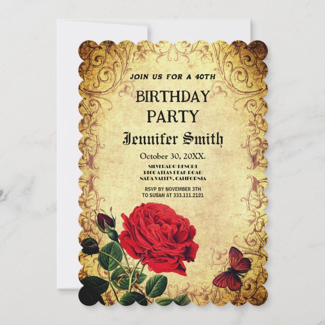 Elegantly retro red rose vitage invitation (Front)