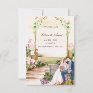 Elegantly Romantic Garden Couple Illustration Save Invitation