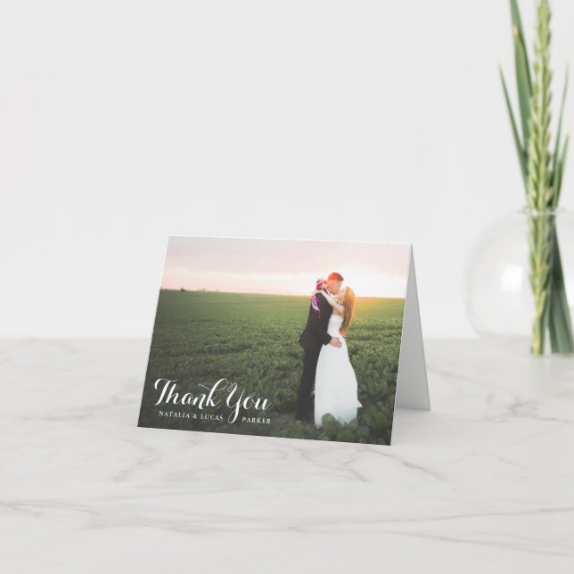 Elegantly Scripted Photo Wedding Thank You | White (Front)