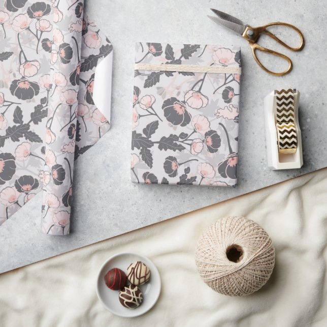 ElegantPink Grey Flowers Wrapping Paper (Crafts)