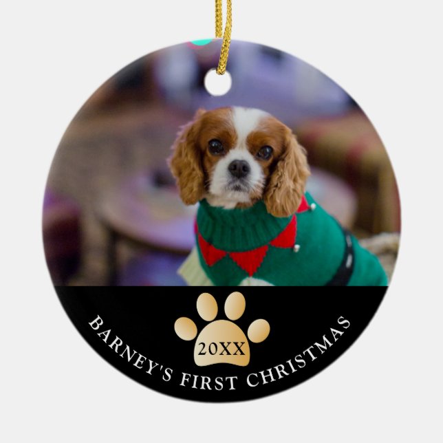 Elegany Black and Gold Dog's First Christmas Photo Ceramic Ornament (Front)