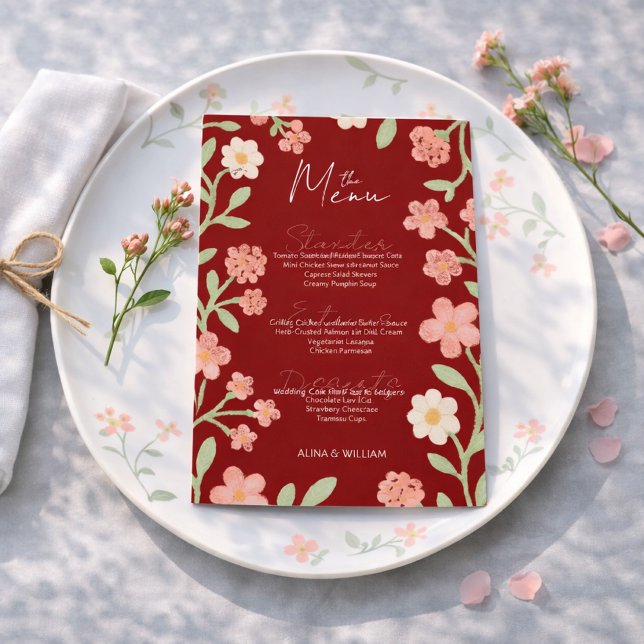 Elegent Floral Red Pink Border Minimal  Menu (Creator Uploaded)