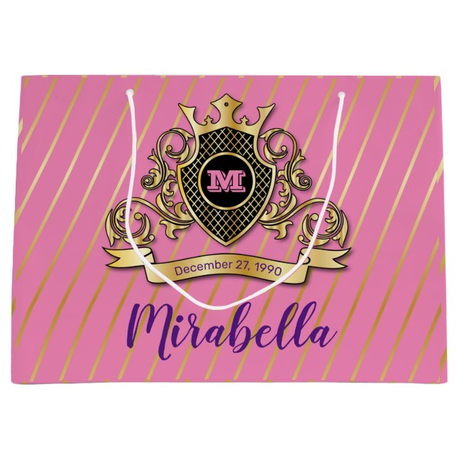Elegent Gol and Pink Monogram Design Large Gift Bag (Front)