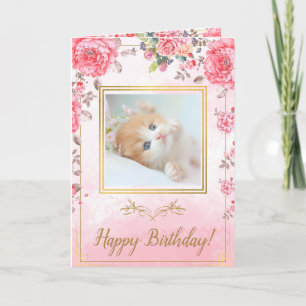 Elegent Golden framed Pink Rose Kitty Birthday Card