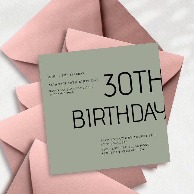 Elegent simple sage green lane 30th birthday  invitation (Creator Uploaded)