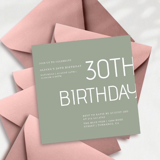 Elegent simple sage green lane 30th birthday  invitation (Creator Uploaded)