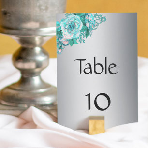 Eleglant Silver and Aqua Roses Wedding Table Number