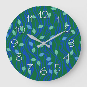 Elemental Flow Emerald Green Cobalt Blue w Leaves Large Clock