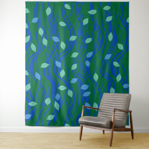 Elemental Flow Emerald Green Cobalt Blue w Leaves Tapestry