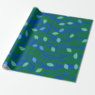Elemental Flow Emerald Green Cobalt Blue w Leaves Wrapping Paper