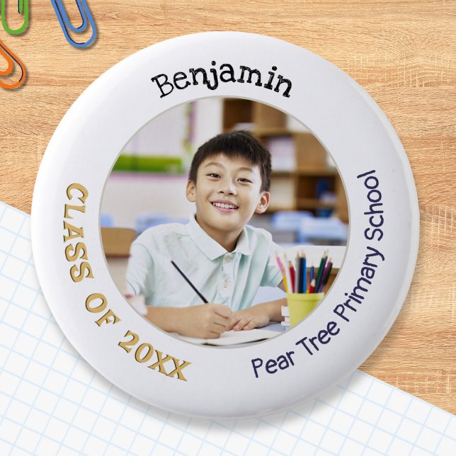 Elementary Primary School Leaver Keepsake Photo 6 Cm Round Badge (A button for primary and elementary school leavers, with name, photo, class of (year) and school)