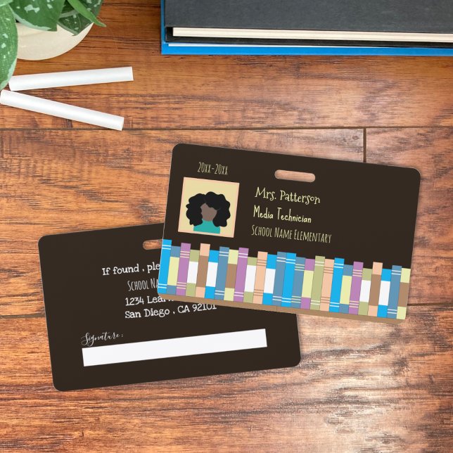 Elementary School Staff Photo ID Employee Badge ID Badge (School staff photo ID black horizontal employee badge with vector book shelf . )