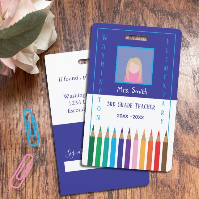 Elementary School Teacher colour pencils Photo ID  Badge (Elementary school teacher blue and white vertical photo ID badge . )
