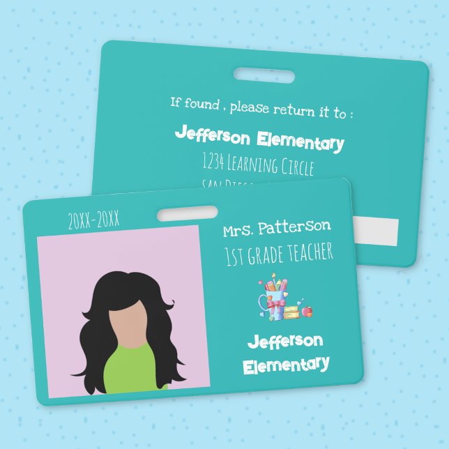 Elementary School Teacher Teal Photo ID Badge (Teal horizontal teacher photo ID badge .)