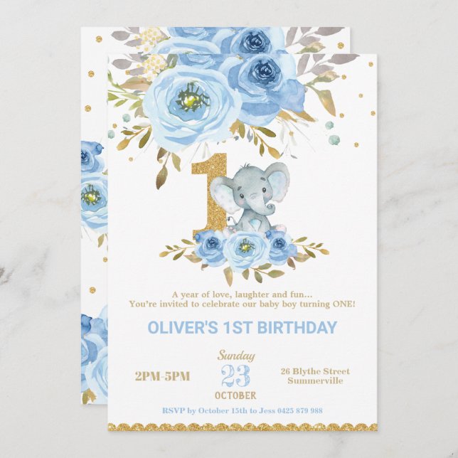 Elephant 1st Birthday Blue Floral Boy Invitation (Front/Back)