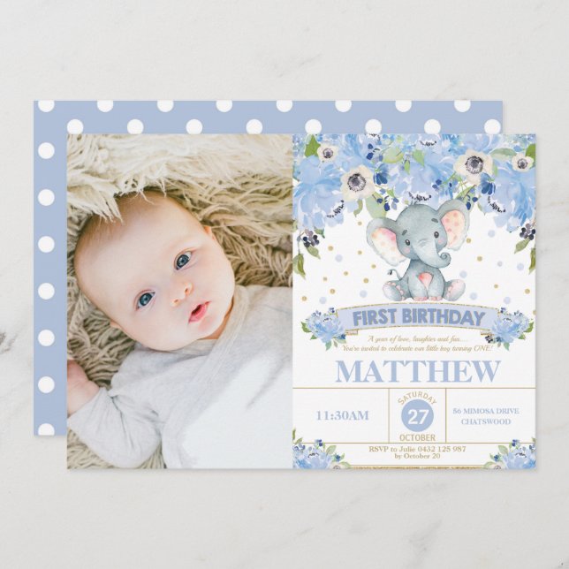 Elephant 1st Birthday Blue Floral Boy Photo Invitation (Front/Back)