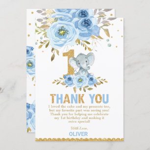 Elephant 1st Birthday Blue Floral Thank You Card
