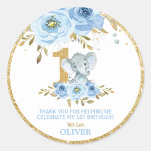 Elephant 1st Birthday Blue Floral Thank You Favors Classic Round Sticker